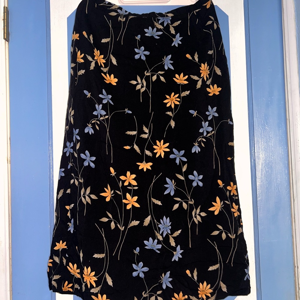 Vintage 90s Prophecy Black Floral A-Line Skirt with Blue and Yellow Flowers